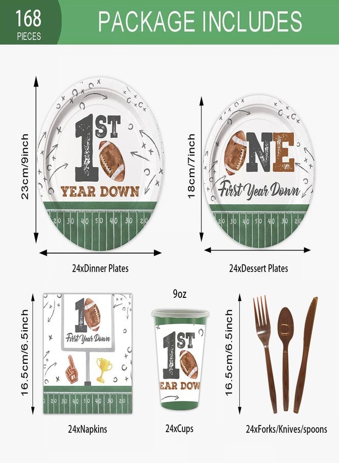 LANGASQUE Football First Year Down Birthday Decorations, 168pcs Paper Plates Napkins Set Football Theme Dinnerware Including Plates, Napkins, Cups, Knives, Forks, Spoons for Birthday Party Supplies - Image 2